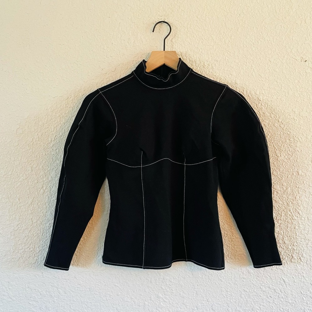 & Other Stories Black Polymade White Threaded Puff Sleeve Top